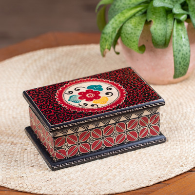 Floral-Themed Batik Wood Jewelry Box Lined in Velvet