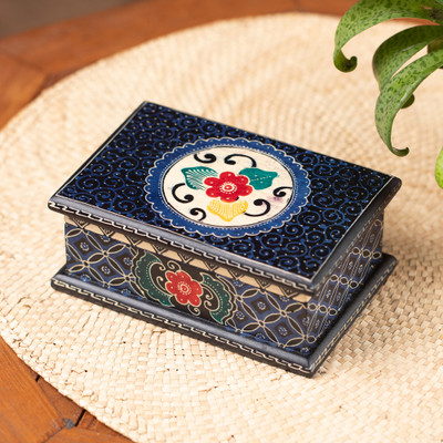 Javanese-Themed Floral Batik Wood Jewelry Box in Blue Hues