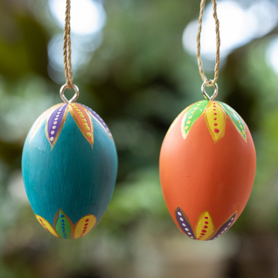 2 Colorful Hand-Carved Painted Wood Egg Christmas Ornaments