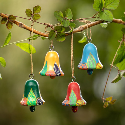 4 Hand-Carved and Painted Wood Christmas Bell Ornaments