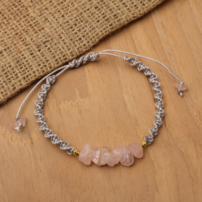 Gold-Accented Rose Quartz Rainbow Moonstone Macrame Bracelet