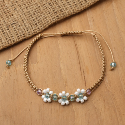 Floral Blue Topaz Amethyst Glass-Beaded Macrame Bracelet