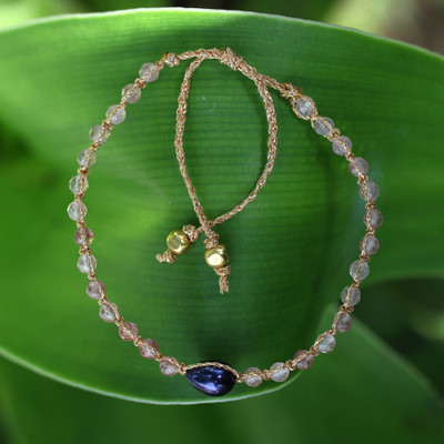 Blue Cultured Pearl Rose Quartz Gold Accent Pendant Bracelet