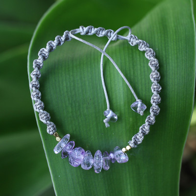 Gold-Accented Macrame Bracelet with Amethyst Beaded Pendant
