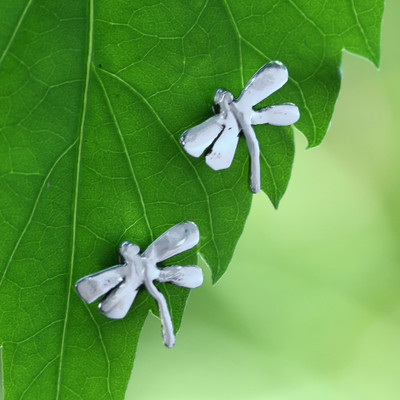 Dragonfly-Themed Whimsical Polished Silver Stud Earrings