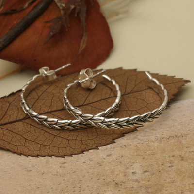 Textured Silver Half-Hoop Earrings with Wheat-Like Pattern