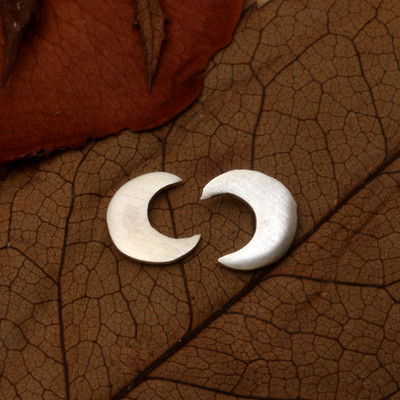 Crescent Moon-Themed Minimalist Matte Silver Button Earrings