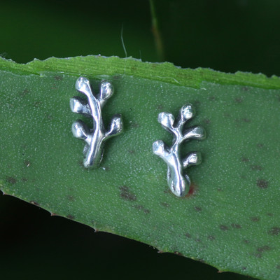 Coral Branch-Themed Polished Silver Stud Earrings from Bali