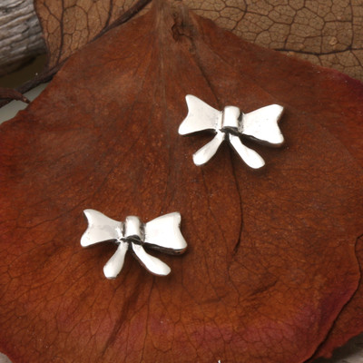 Whimsical Ribbon Bow-Shaped Sterling Silver Stud Earrings