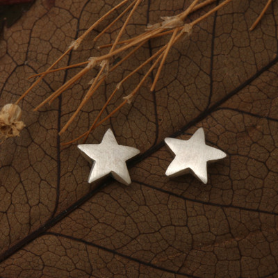 Star-Themed Silver Stud Earrings with Matte Finish from Bali