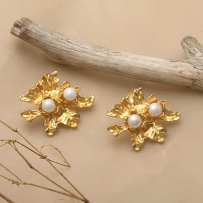 Leafy 18k Gold-Plated White Cultured Pearl Button Earrings