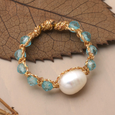 Blue Topaz Beaded Cocktail Ring with White Cultured Pearl