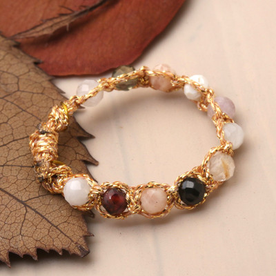 Beaded Band Ring with Colorful Agate Stones from Bali