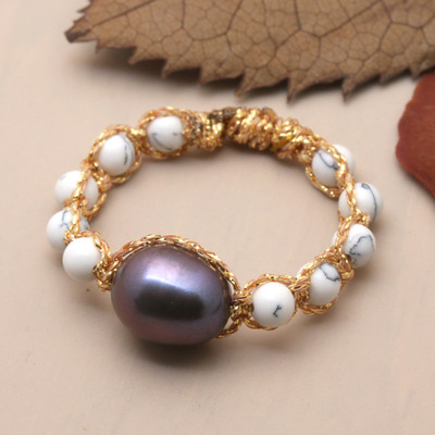 Cultured Pearl and Howlite Beaded Cocktail Ring from Bali