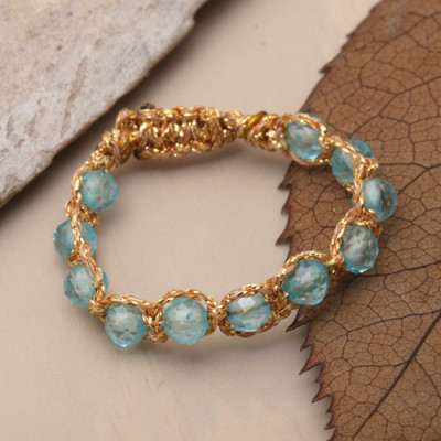 Faceted Blue Topaz Beaded Band Ring with Golden-Hued Cords