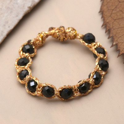 Handmade Black Onyx Beaded Band Ring with Golden-Hued Cords