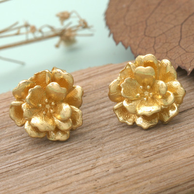 Balinese Hibiscus-Shaped 18k Gold-Plated Button Earrings
