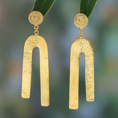 Modern Textured Gold-Plated Brass Dangle Earrings from Bali