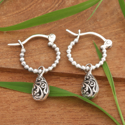 Sterling Silver Hoop Earrings with Orb and Vine Motifs
