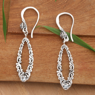 Swirl and Floral-Themed Blue Topaz Silver Dangle Earrings