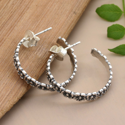 Spring-Inspired Floral Sterling Silver Half-Hoop Earrings