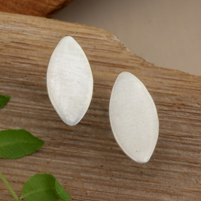 Modern Brushed-Satin Finished Silver Button Earrings