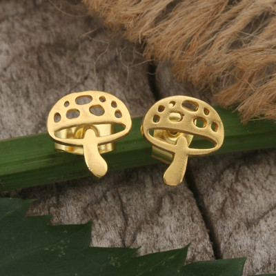 Nature-Inspired 18k Gold-Plated Brass Mushroom Stud Earrings