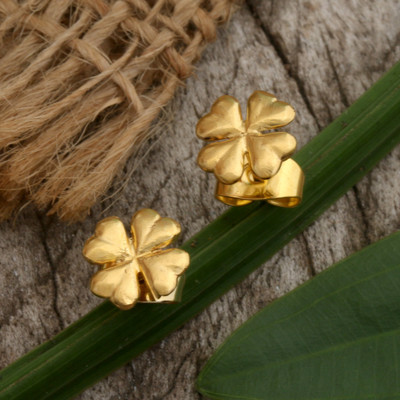 Lucky Clover-Themed 18k Gold-Plated Stud Earrings from Bali
