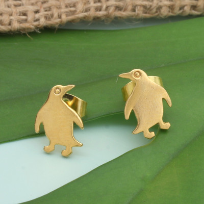 Penguin-Themed 18k Gold-Plated Brass Button Earrings