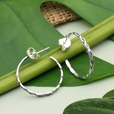 Polished and Oxidized Braided Pattern Half-Hoop Earrings