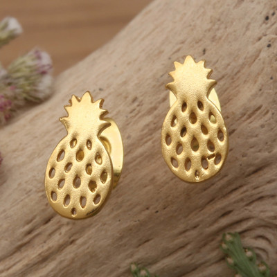 Openwork Pineapple-Themed Gold-Plated Brass Stud Earrings