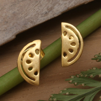 Watermelon Slice-Shaped Gold-Plated Brass Button Earrings