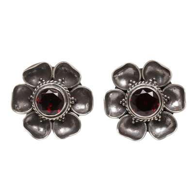 Garnet Sterling Silver Floral Button Earrings