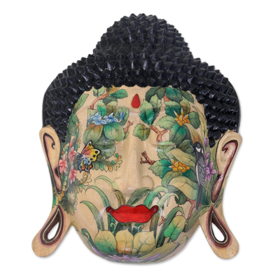 Handcrafted Floral Painted Wooden Buddha Mask with Butterflies