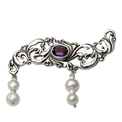 Amethyst and Pearl Sterling Silver Brooch Pin