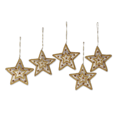 Gleaming Gold Stars Christmas Beadwork Ornaments Set of 5