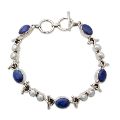 Handmade Sterling Silver Link Lapis Lazuli Pearl Bracelet