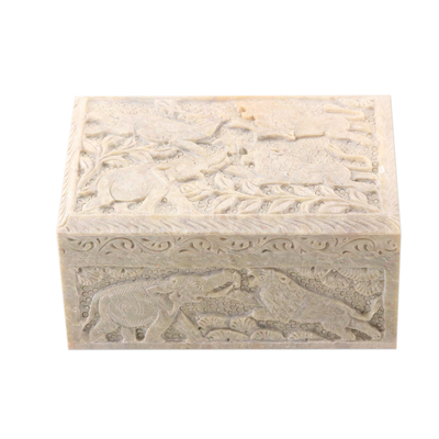 Carved Elephant and Lion Soapstone Jewelry Box from India