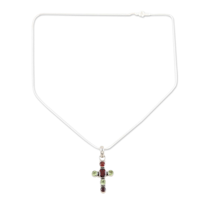 Peridot and Garnet Sterling Silver Necklaced Cross Jewelry