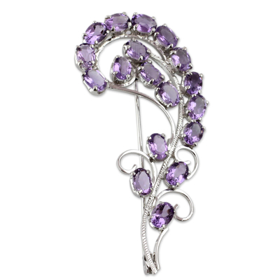 Floral Sterling Silver Amethyst Brooch Pin Indian Jewelry