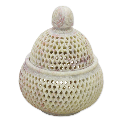Handcrafted Jali Soapstone Beige Jar and Bottle (Large)