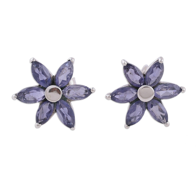 Iolite Earrings Hand Crafted Sterling Silver Button Jewelry