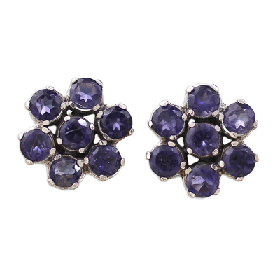 Floral Sterling Silver Button Iolite Earrings from India
