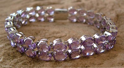 Artisan Crafted Rhodium Plated Sterling Silver Amethyst Wristband Bracelet
