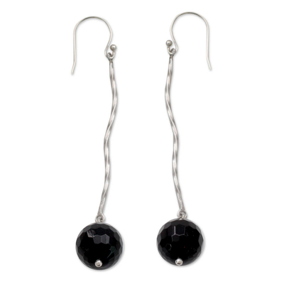 Onyx Globes on Rhodium Plated Sterling Silver Earrings