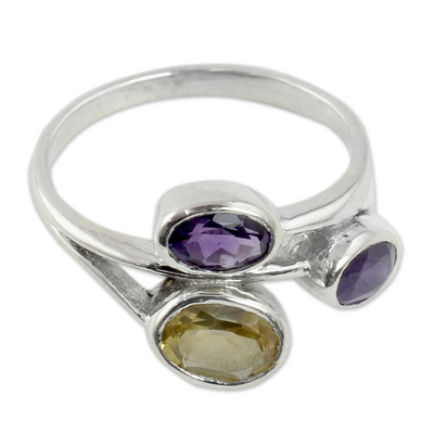 Amethyst and Citrine 3 Stone Sterling Silver Ring from India