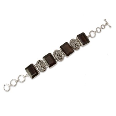 India Sterling Silver Wristband Bracelet with Smoky Quartz