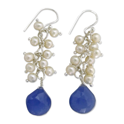 Blue Chalcedony Earrings with Pearls and Sterling Silver
