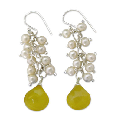 Pearl and chalcedony cluster earrings