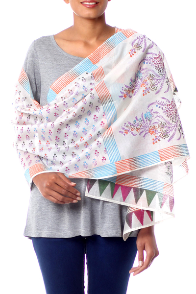 Handcrafted Floral Cotton Silk Patterned Multicolor Shawl